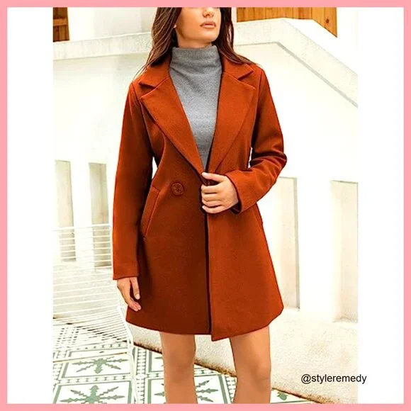 Wool Blend Pea Coat Notched Collar Double Breasted Midi Trench